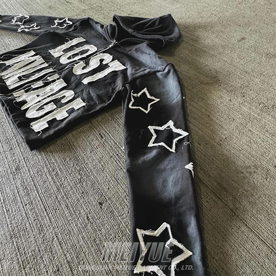 Leather Applique Embroidery Hoodie Cropped Raw Hem Hoodie 420 Grams 480 Grams