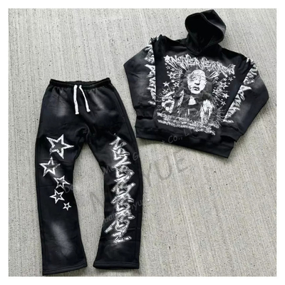 Top Fashion Screen Printing Oversized Acid Wash Distressed Hoodies Stacked Flared Sweatpants and Hoodie Tracksuit for Men