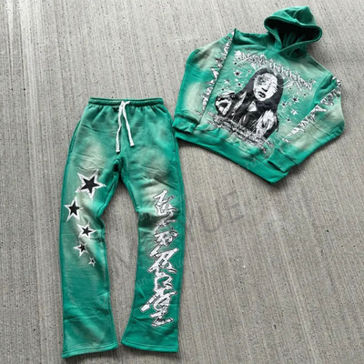 Top Fashion Screen Printing Oversized Acid Wash Distressed Hoodies Stacked Flared Sweatpants and Hoodie Tracksuit for Men