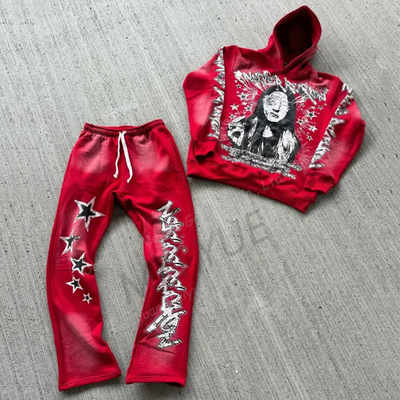 Top Fashion Screen Printing Oversized Acid Wash Distressed Hoodies Stacked Flared Sweatpants and Hoodie Tracksuit for Men