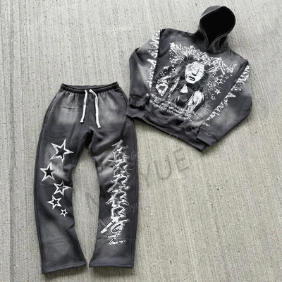 Top Fashion Screen Printing Oversized Acid Wash Distressed Hoodies Stacked Flared Sweatpants and Hoodie Tracksuit for Men
