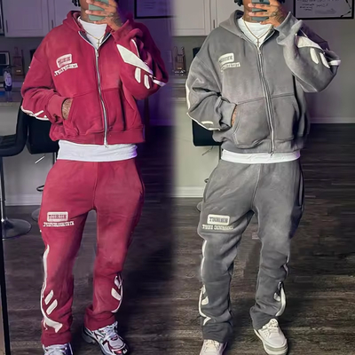 Beli Custom Streetwear Acid Washed Sweat Suits Zipper Hoodies Tracksuit Set Acid Wash Distress Patch Flared Sweatpants dan Hoodie Set pembuatan online