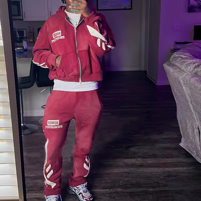 Custom Streetwear Acid Washed Sweat Suits Zipper Hoodies Tracksuit Set Acid Wash Distress Patch Flared Sweatpants and Hoodie Set