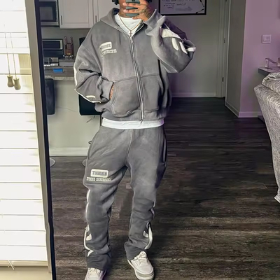 Custom Streetwear Acid Washed Sweat Suits Zipper Hoodies Tracksuit Set Acid Wash Distress Patch Flared Sweatpants and Hoodie Set