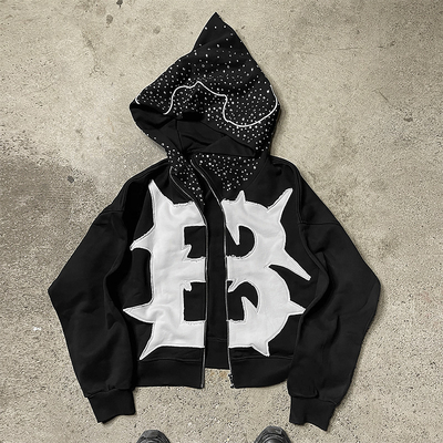 Heavyweight Distressed Applique Embroidery Hoodie Full Face Zip Up Hoodie  Anti Shrink