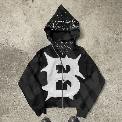 Heavyweight Distressed Applique Embroidery Hoodie Full Face Zip Up Hoodie  Anti Shrink