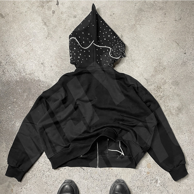 Heavyweight Distressed Applique Embroidery Hoodie Full Face Zip Up Hoodie  Anti Shrink