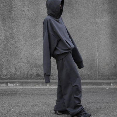 Custom 100% Cotton Streetwear Oversized Pullover No String French Terry Hoodie Sweatsuit Loose Stacked Sweatpants Tracksuit Men