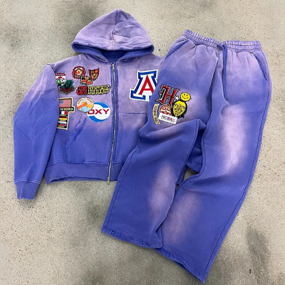 Clothing Manufacturers Custom Acid Washed Vintage Embroidery Patches Hoodies Heavyweight Wide Leg Pant Hoodie and Sweatpants Set