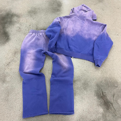 Clothing Manufacturers Custom Acid Washed Vintage Embroidery Patches Hoodies Heavyweight Wide Leg Pant Hoodie and Sweatpants Set