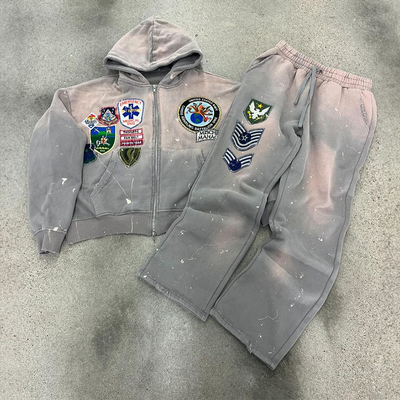 Clothing Manufacturers Custom Acid Washed Vintage Embroidery Patches Hoodies Heavyweight Wide Leg Pant Hoodie and Sweatpants Set