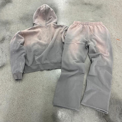Clothing Manufacturers Custom Acid Washed Vintage Embroidery Patches Hoodies Heavyweight Wide Leg Pant Hoodie and Sweatpants Set