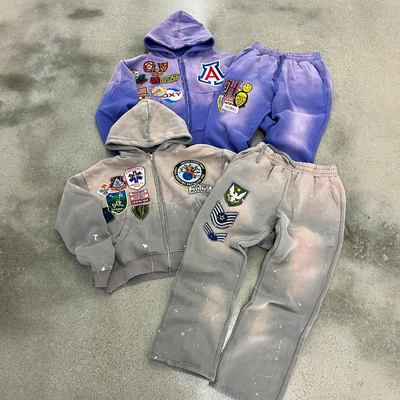 Clothing Manufacturers Custom Acid Washed Vintage Embroidery Patches Hoodies Heavyweight Wide Leg Pant Hoodie and Sweatpants Set
