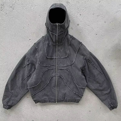 Custom Washed Denim Hoodie Jacket Reverse Stitch Face Masked Ninja Zip Up Hoodie