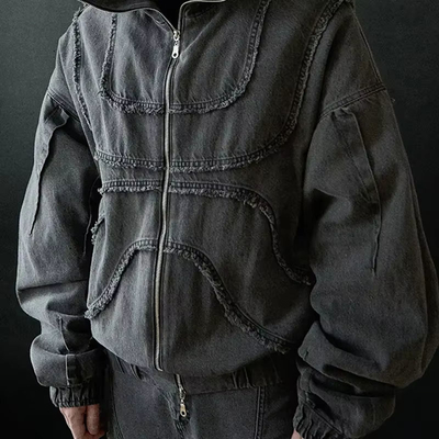 Custom Washed Denim Hoodie Jacket Reverse Stitch Face Masked Ninja Zip Up Hoodie