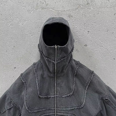 Custom Washed Denim Hoodie Jacket Reverse Stitch Face Masked Ninja Zip Up Hoodie