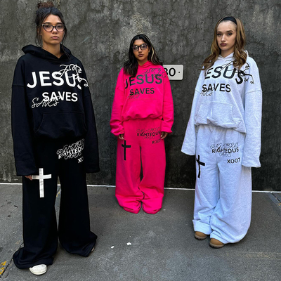 Custom Tracksuit Unisex Oversized Silk Screen Print Sweat Jogging 100% Cotton Suits Loose Hoodie and Stacked Sweatpants Set
