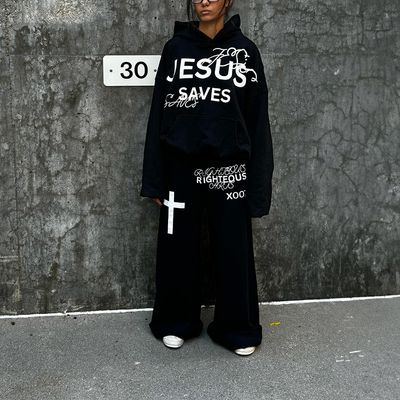 Custom Tracksuit Unisex Oversized Silk Screen Print Sweat Jogging 100% Cotton Suits Loose Hoodie and Stacked Sweatpants Set