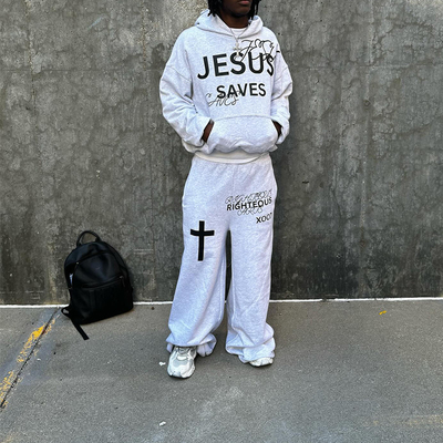 Custom Tracksuit Unisex Oversized Silk Screen Print Sweat Jogging 100% Cotton Suits Loose Hoodie and Stacked Sweatpants Set