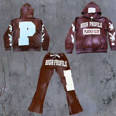 Clothing Manufacturers Custom Sun Faded Vintage Streetwear Heavyweight Hoodie Acid Wash Flare Sweatpants Suit Tracksuits for Men