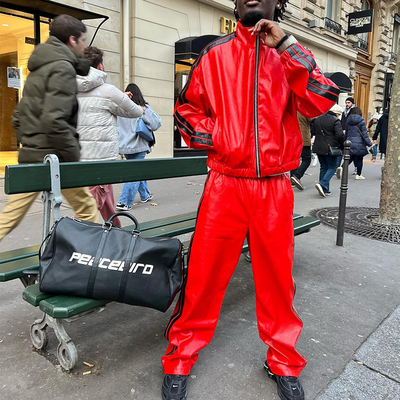 Clothing Manufacturers Custom Leather Tracksuit Zip up Cropped Waistband Streetwear Jacket and Baggy Stacked Sweatpants Set