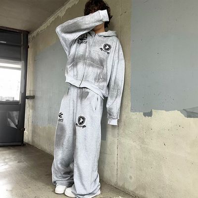 Custom Tracksuit Unisex Dirty Painting Print Sweat Vintage Jogging 100% Cotton Suits French Terry Hoodie and Sweatpants Set