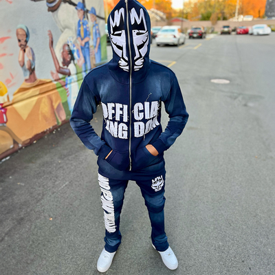 Custom Full Face Zip up 3d Puff Pint Hoodies Distressed Embroidery Rips Patch Slim Fit Streetwear Hoodie and Sweatpants Set