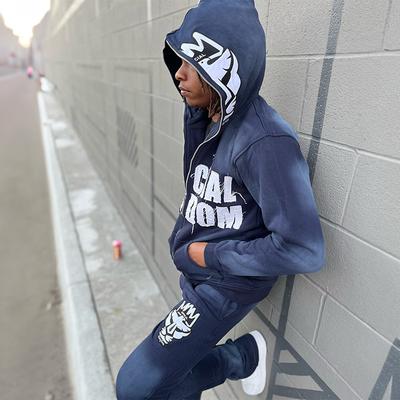 Custom Full Face Zip up 3d Puff Pint Hoodies Distressed Embroidery Rips Patch Slim Fit Streetwear Hoodie and Sweatpants Set