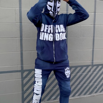 Custom Full Face Zip up 3d Puff Pint Hoodies Distressed Embroidery Rips Patch Slim Fit Streetwear Hoodie and Sweatpants Set