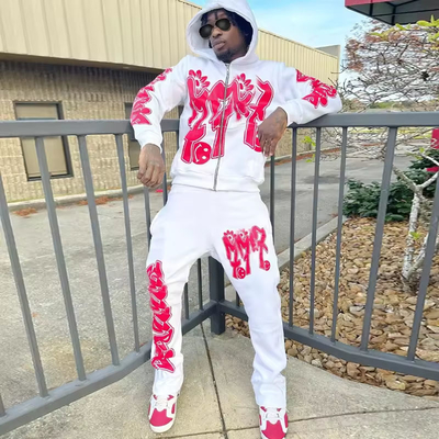 Custom Puff Print Logo Stacked Flare Sweatpants and Hoodie Set 2 Pieces Jogging Suit Sweatsuit Zip up Tracksuit for Men