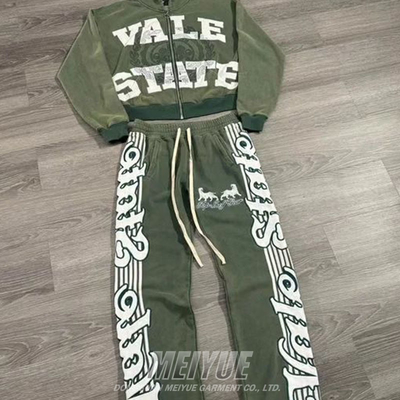 Custom Tracksuits Men Zip up Hoodies Distressed Acid Wash Vintage Screen Print 100% Cotton Flare Sweatpants and Hoodie Set