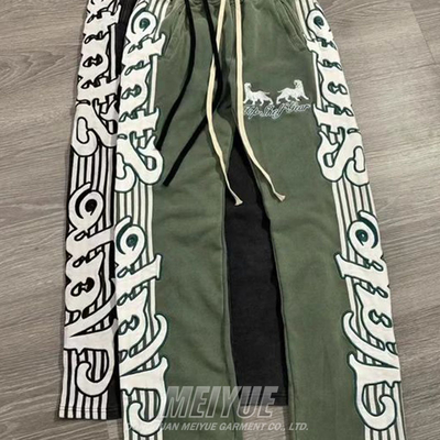 Custom Tracksuits Men Zip up Hoodies Distressed Acid Wash Vintage Screen Print 100% Cotton Flare Sweatpants and Hoodie Set