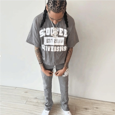 Custom Embroidered Patches Logo Streetwear Cropped T Shirt and Sweatpants Men's Tracksuit Cotton Tracksuit Summer Tracksuit