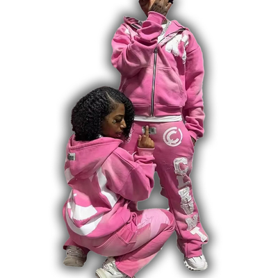 Custom Zip up Sweatsuit Acid Wash Applique Patch Embroidery Distresses Hoodie Jogging Tracksuit Flared Sweatpants and Hoodie Set