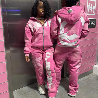Custom Zip up Sweatsuit Acid Wash Applique Patch Embroidery Distresses Hoodie Jogging Tracksuit Flared Sweatpants and Hoodie Set