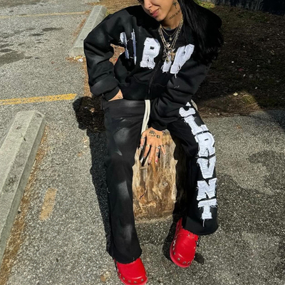 Custom Zip up Sweatsuit Acid Wash Applique Patch Embroidery Distresses Hoodie Jogging Tracksuit Flared Sweatpants and Hoodie Set