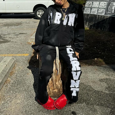 Custom Zip up Sweatsuit Acid Wash Applique Patch Embroidery Distresses Hoodie Jogging Tracksuit Flared Sweatpants and Hoodie Set