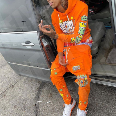Heavy Cotton Hoodies Custom Screen Print Logo Heavyweight French Terry Hoodies and Stacked Sweat Pants Jogger Set Sweatsuit Men