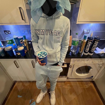 comprare OEM Streetwear Cappucci di cotone pesante Cappucci con logo personalizzato ricamo e pantaloni da sudore impilati Corridore Set Sweatsuit Uomini fabbricazione online