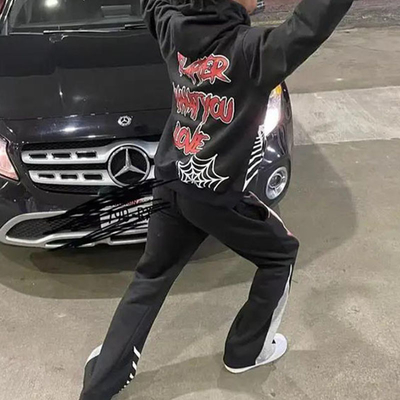 satın al Özel Kapüşon Terry nakış Puff Flare Unisex Spor elbisesi Sokak Giysi Koşucu Seti Flared Koşucular Spor pantolonları ve Kapüşon Seti Erkekler Çevrimiçi üretim