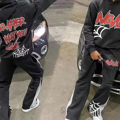 Custom Hoodie Terry Embroidery Puff Flare Unisex Tracksuit Streetwear Jogger Set Flared Joggers Sweatpants and Hoodie Sets Mens