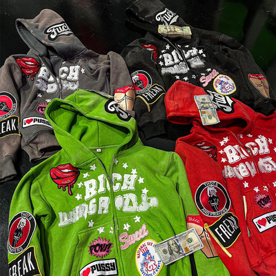Embroidered Hoodie Streetwear Cropped Zip Up Hoodie Acid Washed Heavyweight