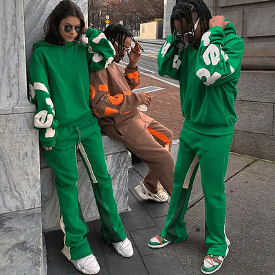 Custom Logo Puff Printing Hoodies Stacked Sweatpants Jogging Set Flared Sweat Pants Men Sweatsuits Unisex Sets and Hoodie Set