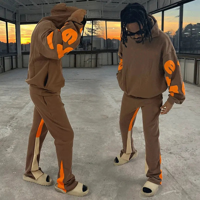 Custom Logo Puff Printing Hoodies Stacked Sweatpants Jogging Set Flared Sweat Pants Men Sweatsuits Unisex Sets and Hoodie Set