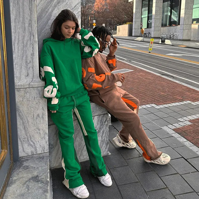 Custom Logo Puff Printing Hoodies Stacked Sweatpants Jogging Set Flared Sweat Pants Men Sweatsuits Unisex Sets and Hoodie Set