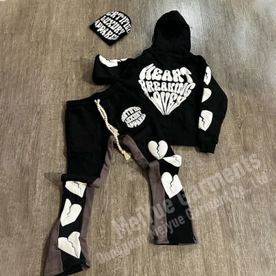 Custom Jogger Pullover Cropped Sweatsuit Acid Wash Hoodie 3d Puff Print Jogging Tracksuits Set Flared Sweatpants and Hoodie Sets