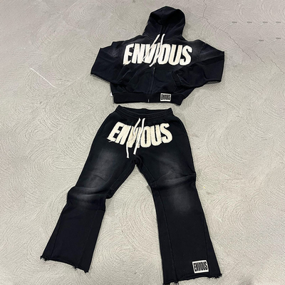 Custom Jogger 2 Piece Set Applique Embroidery Distressed Patch Hoodie Jogging Tracksuit Sweatsuits Sweatpants and Hoodei Set