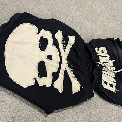 Custom Jogger 2 Piece Set Applique Embroidery Distressed Patch Hoodie Jogging Tracksuit Sweatsuits Sweatpants and Hoodei Set