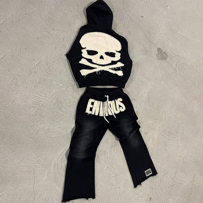 Custom Jogger 2 Piece Set Applique Embroidery Distressed Patch Hoodie Jogging Tracksuit Sweatsuits Sweatpants and Hoodei Set