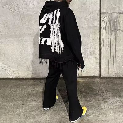 Custom Embroidered Patches Logo Jogging 2 Piece Set Heavyweight Streetwear Distressed Hoodie Sweat Pant Blank Tracksuit for Men
